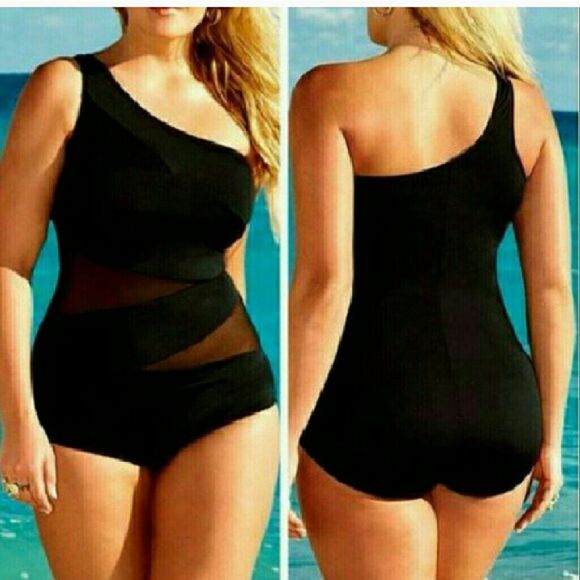 Black Mesh Patchwork Sweetheart Neck One Piece Swi - Picture 2 of 4